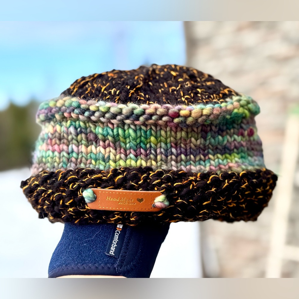 Chunky Multicolor & Black Knit Beanie with Accent Leather Tag